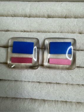 Vintage Blue and Pink Resin Square Clip Earrings